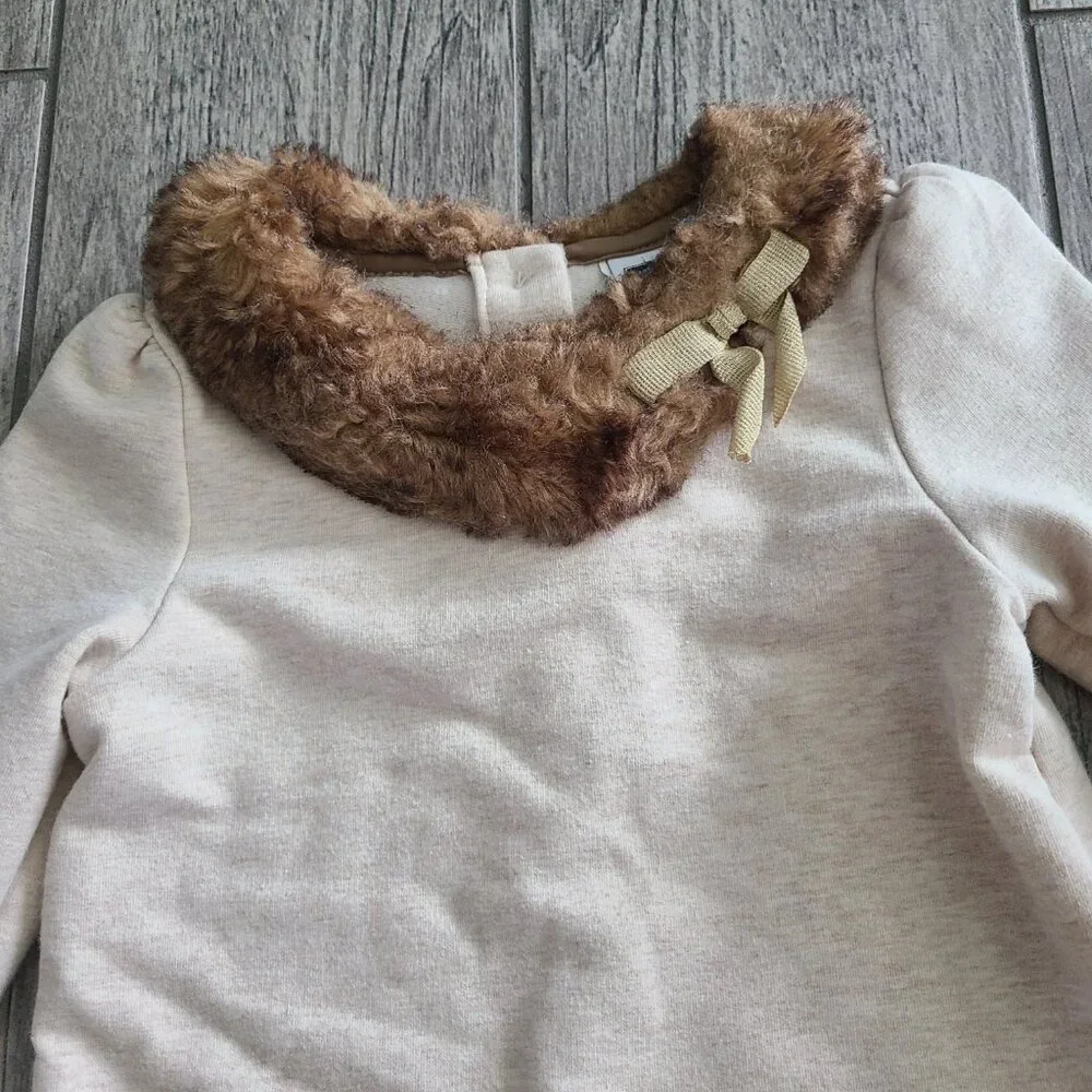 Janie and Jack Girls Faux Fur Collar Sweater Dress Beige Size 3
